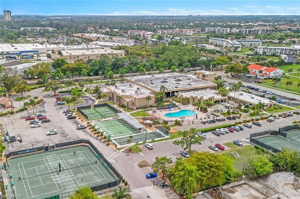 Aerial perspective showcasing a large community center with multiple amenities