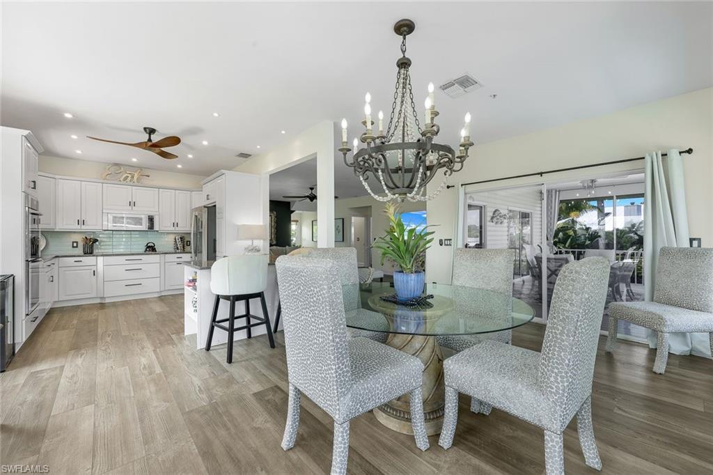 Formal dining space with water views.