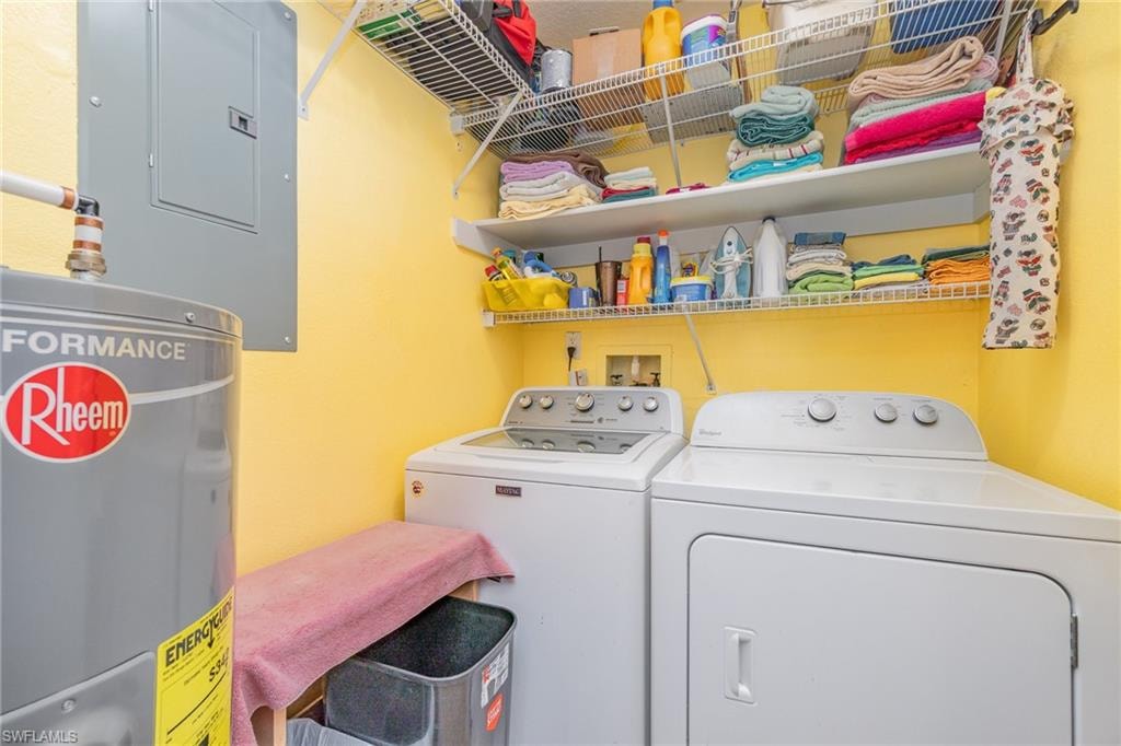 Dedicated utility area featuring a water heater, electrical panel, and wall-mounted wire shelving
