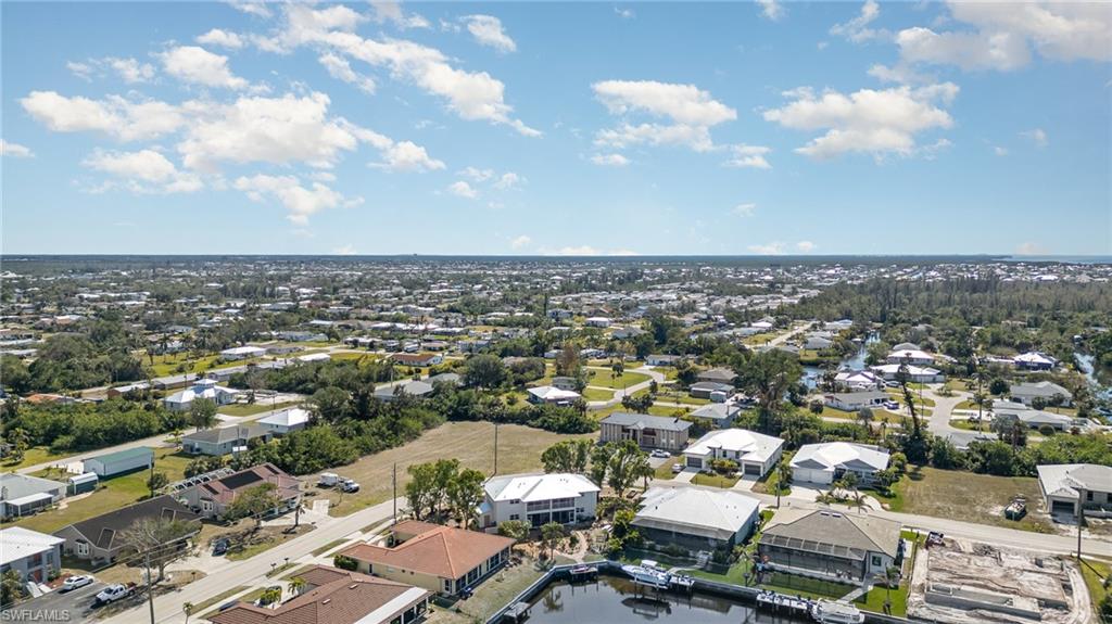 Aerial perspective showcasing a residential area with varied architectural styles