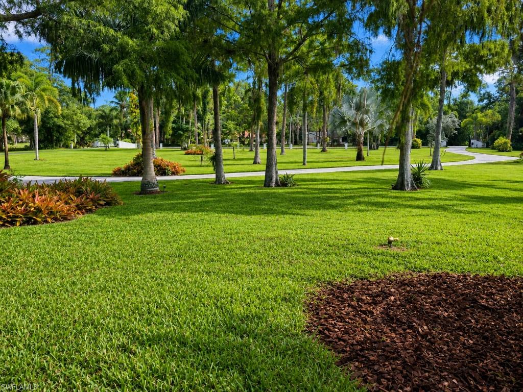 Expansive green lawn with mature trees and a curving paved pathway