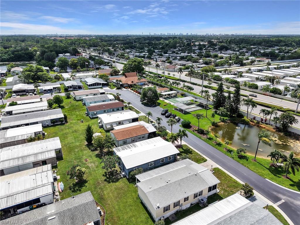 Aerial perspective showcasing a community layout with residential structures