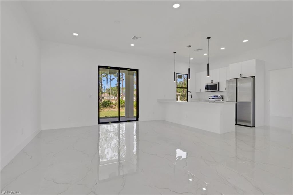 Living area and kitchen