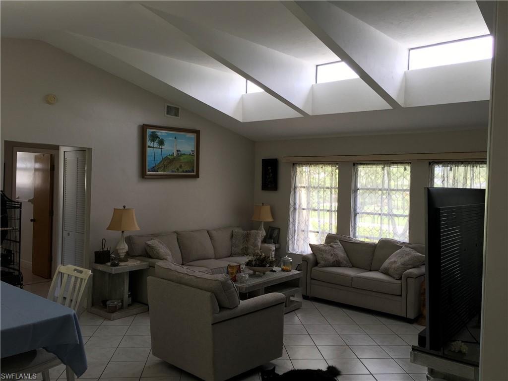 Vaulted ceilings with multiple skylights enhance this living area