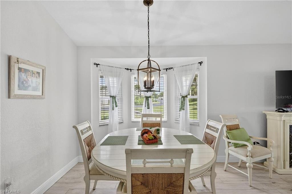 Bay window with multiple windows and white blinds