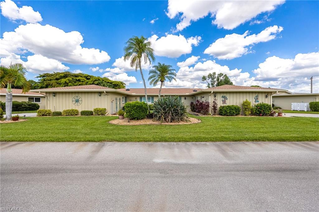 Expansive front yard with manicured lawn, established landscaping, and palm trees