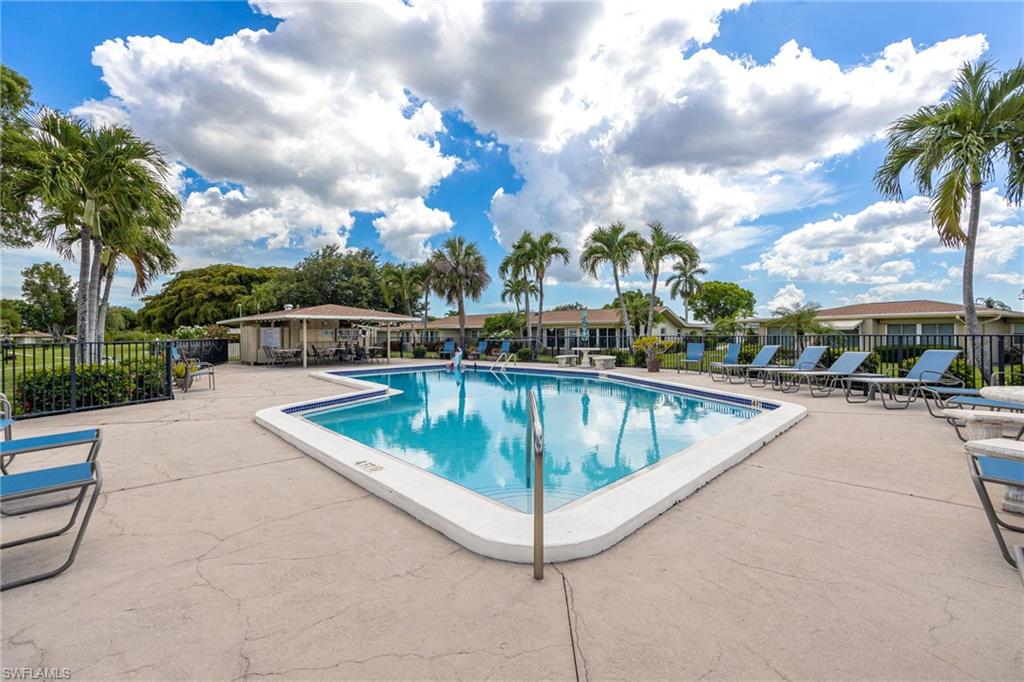 Outdoor swimming pool with integrated steps, surrounded by a concrete deck and mature palm trees