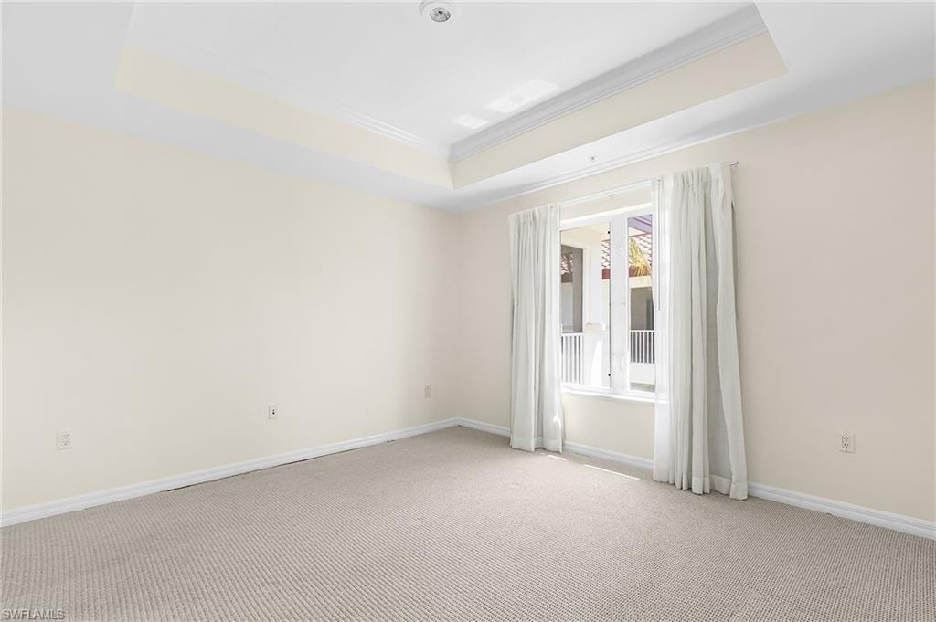 Room featuring light-toned carpeting and a tray ceiling with crown molding