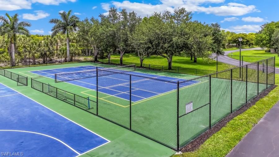 Multi-sport court featuring vibrant blue and green surfacing, black chain-link fencing, and mature perimeter trees