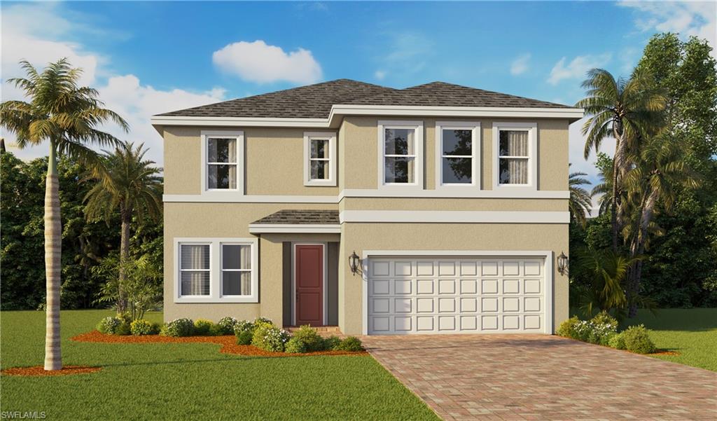 Two-story stucco residence featuring a gabled roofline