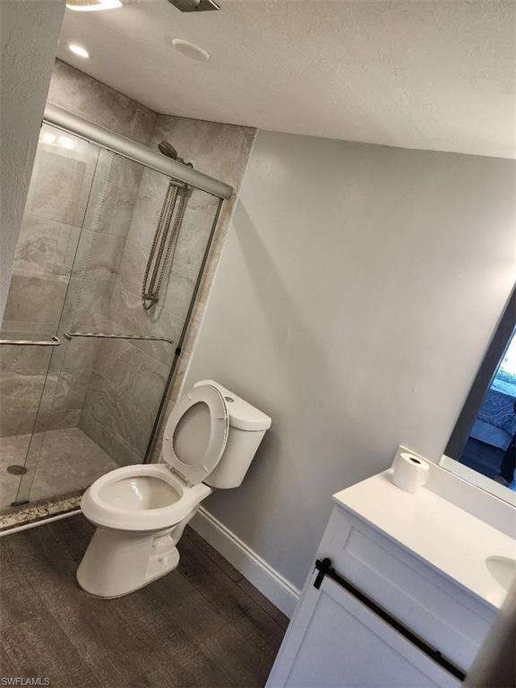 Bathroom featuring a glass-enclosed shower with tile surround, wood-finish flooring, a white vanity with a rectangular sink, and a built-in mirror