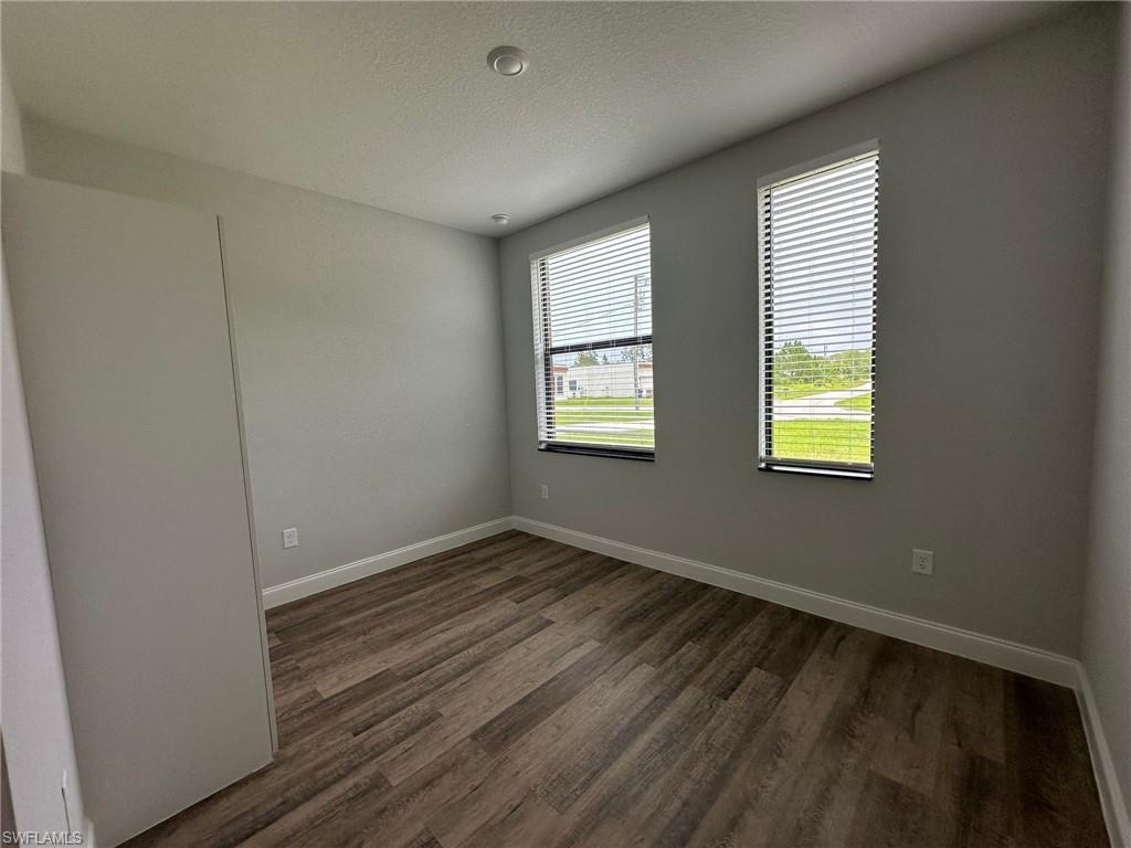 Interior space featuring wood-finish flooring, two windows with blinds, light gray wall paint, white trim, and a ceiling-mounted light fixture