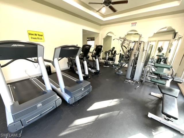 Exercise room featuring ceiling fan, ornamental molding, and a tray ceiling