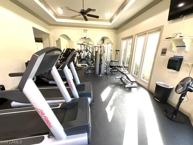 Workout area with crown molding, ceiling fan, and a raised ceiling
