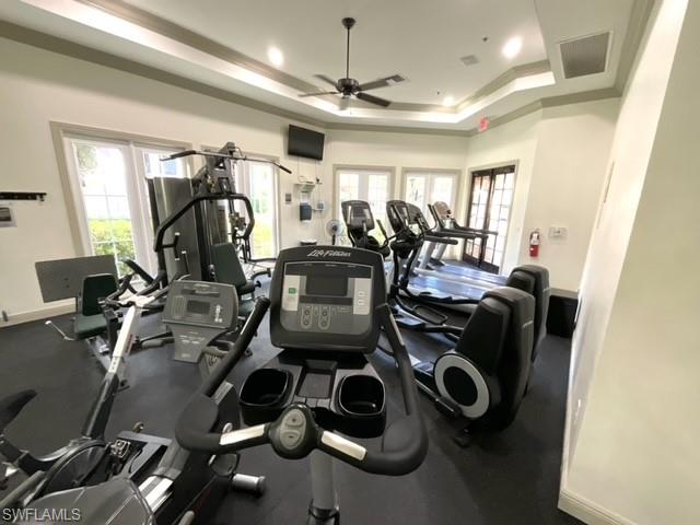 Workout area with crown molding, a healthy amount of sunlight, ceiling fan, and a raised ceiling