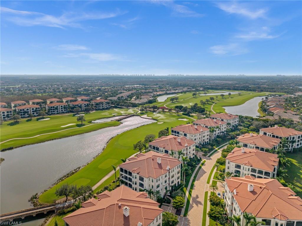 Aerial view of a large body of water and a local golf course