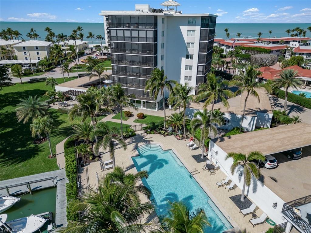 Aerial view of West building and pool