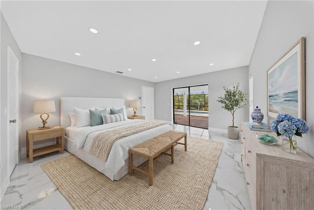 White marble-look flooring with prominent gray veining throughout