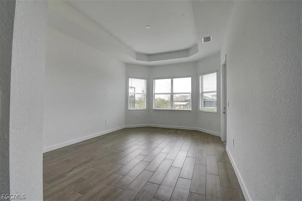 Spacious room featuring wood-finish flooring and a tray ceiling