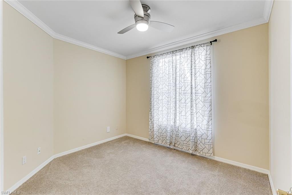 Carpeted room featuring a ceiling fan with integrated lighting, crown molding, and a window with sheer curtains
