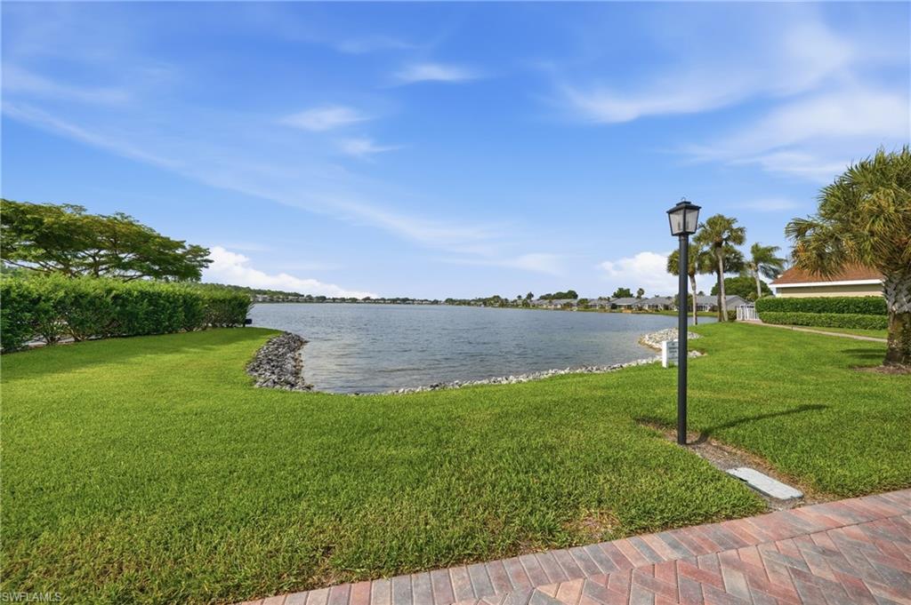 Expansive waterfront greenspace featuring a natural rock shoreline, mature palm trees, and a classic black lamppost