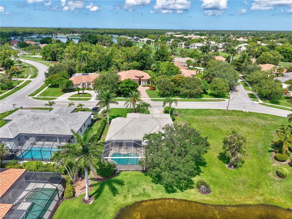 Aerial view of residential area with a pool area