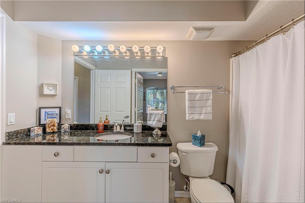 Bathroom vanity featuring a polished dark stone countertop with an integrated sink
