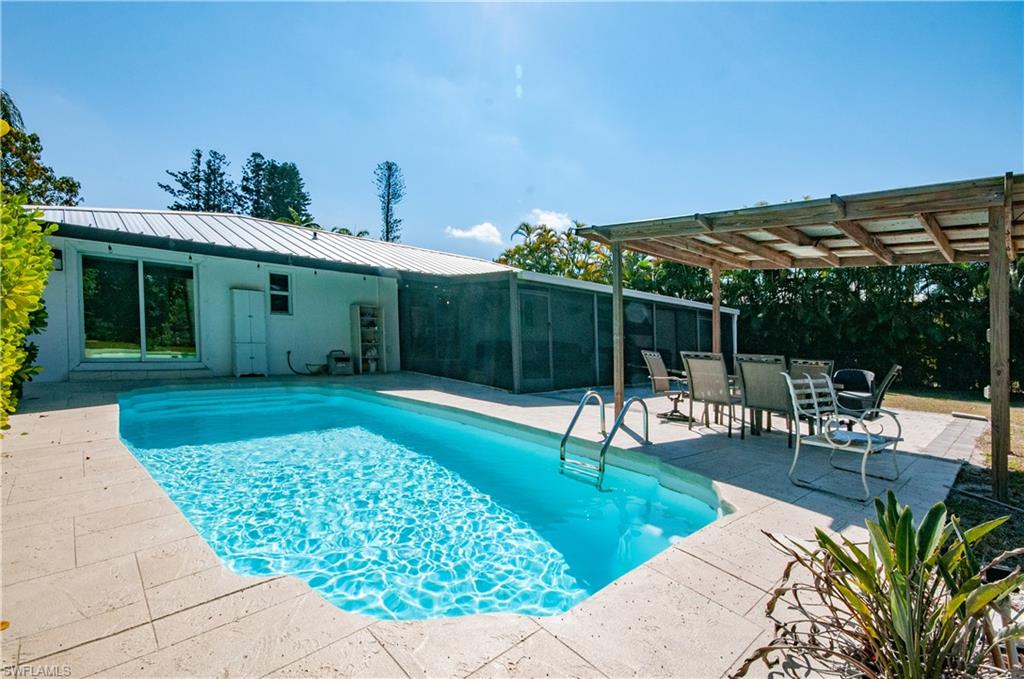 View of pool featuring patio surround and outdoor dining space