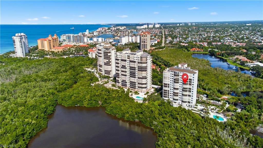 View of urban area with a large body of water
