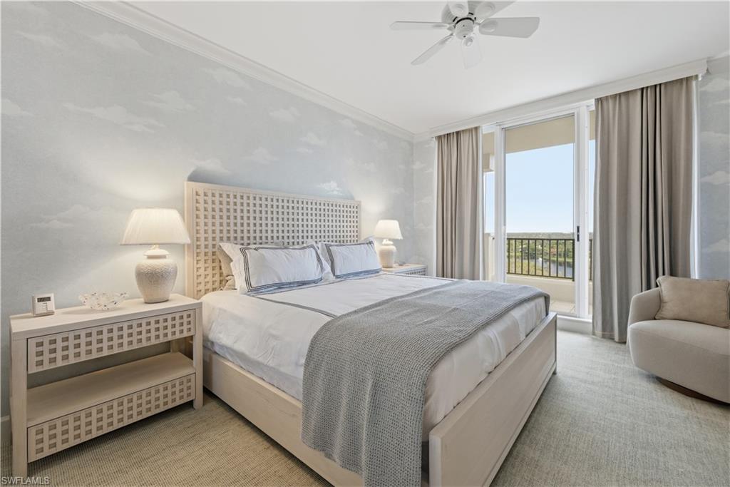 Bedroom featuring light colored carpet, crown molding, access to exterior, and a ceiling fan