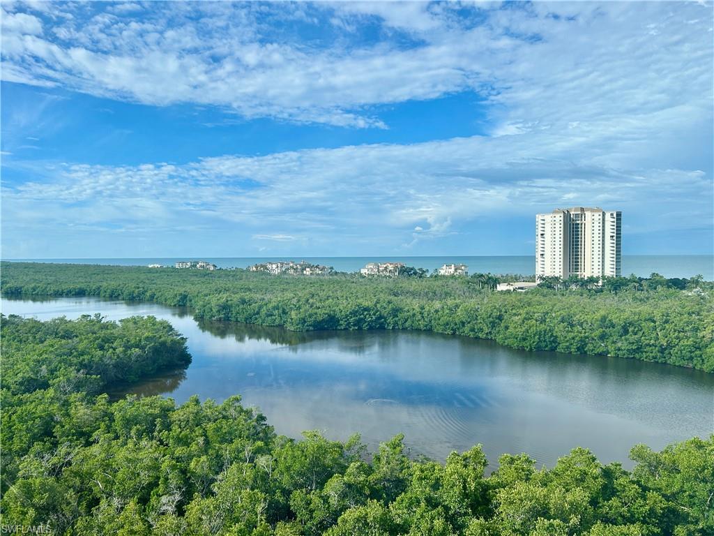 Water view featuring a heavily wooded area