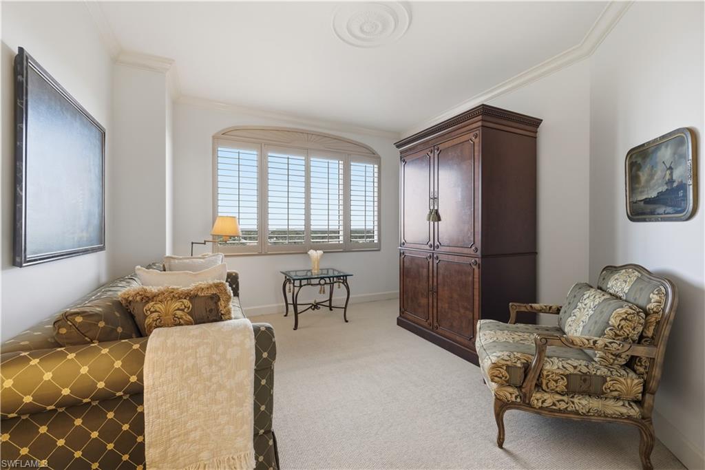 Living area with ornamental molding and light carpet