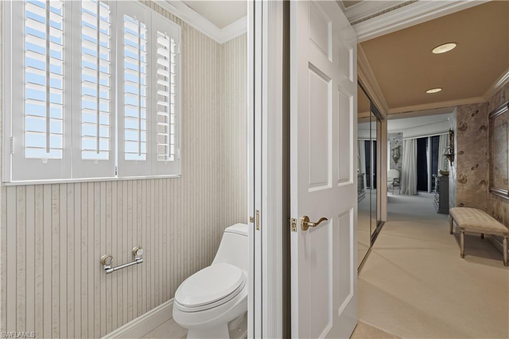 Bathroom with ornamental molding and plenty of natural light