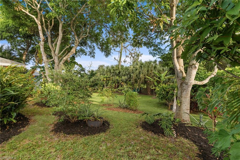 Lush landscape featuring mature trees, manicured lawn, and planted beds with dark mulch