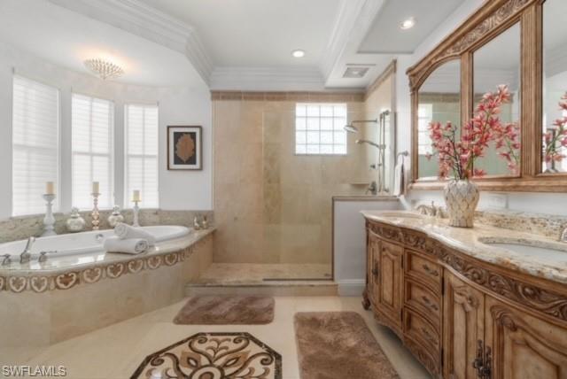 Master bathroom w/soaking tub, oversized walk-in shower and double vanities.