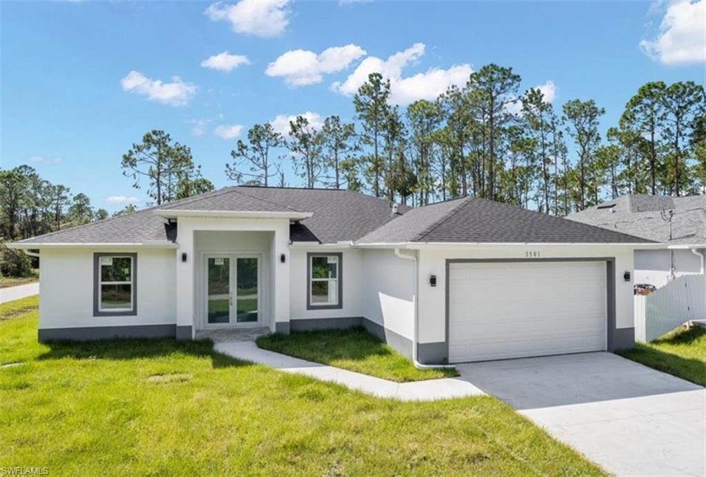 Single-story residence featuring a white facade with gray trim and a dark shingle roof