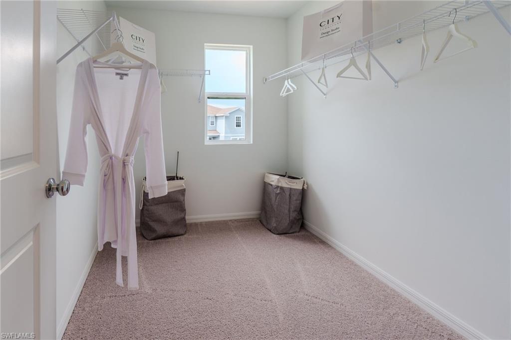 Walk-in closet featuring light-colored carpeting, white walls, and a single window