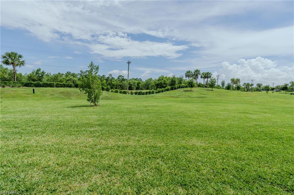 Expansive green lawn with gentle rolling hills and scattered trees