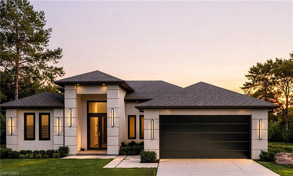 Modern stucco exterior with a dark shingle roof, featuring a prominent entryway with a dark-framed glass door, horizontal slat windows, and a black sectional garage door