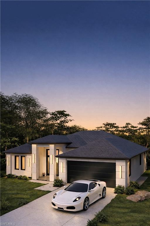 Contemporary single-story residence featuring a dark shingle roof, integrated garage, and a concrete driveway