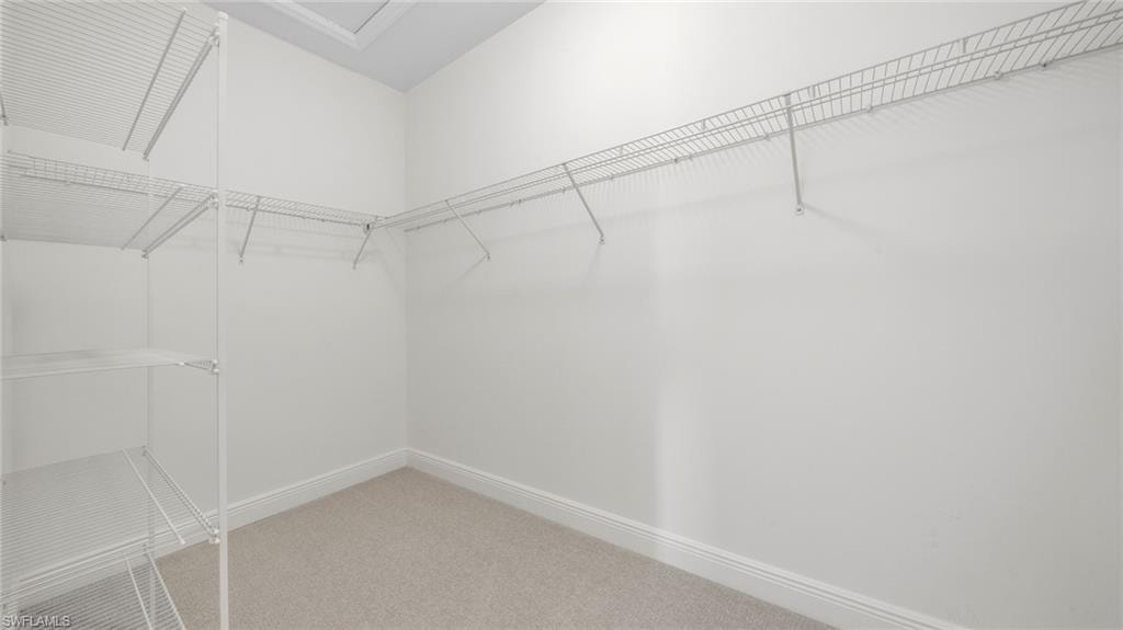 Walk-in closet featuring light-colored carpeting, white baseboards, white walls, and wire shelving system