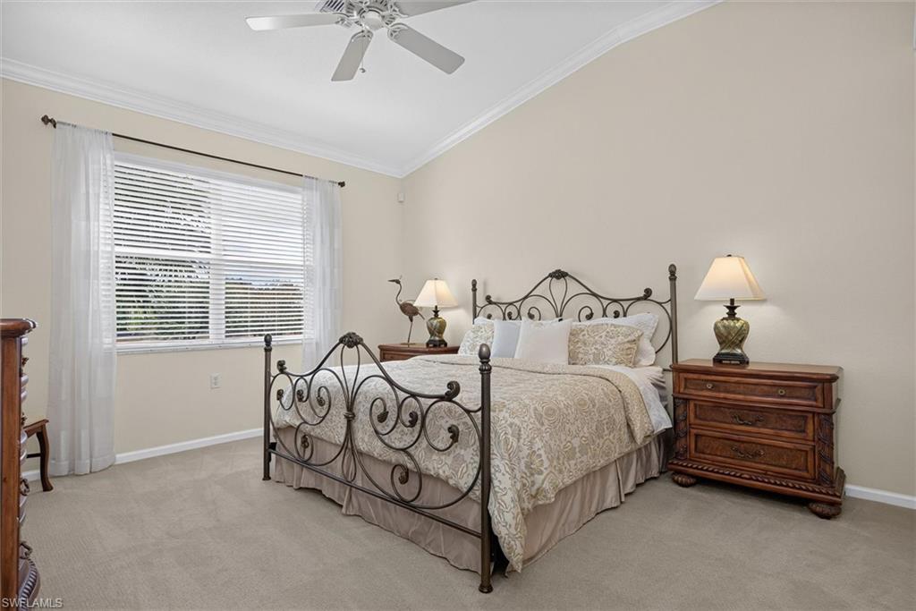 Vaulted ceiling with crown molding and ceiling fan, light-colored carpeting, and a double window with blinds
