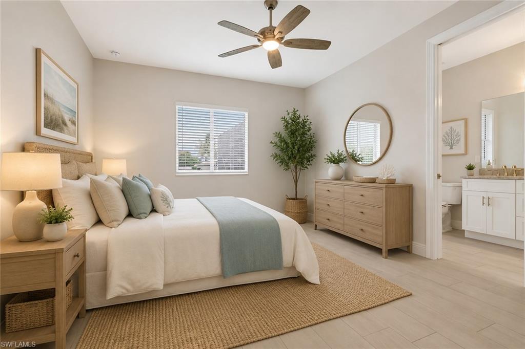 Guest bedroom with ensuite bathroom, virtually staged