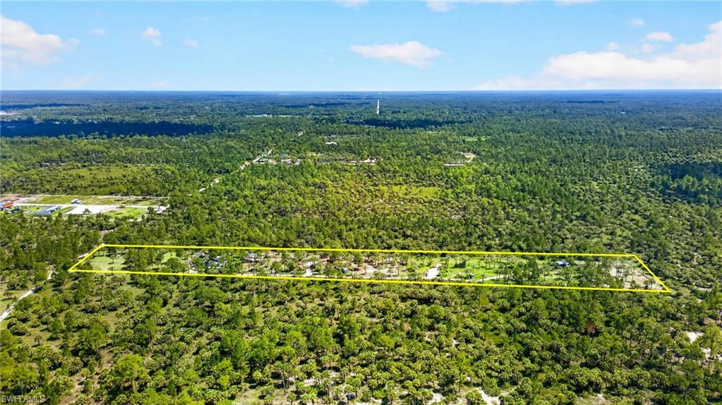 Expansive land parcel outlined in yellow, featuring a blend of cleared areas and mature trees