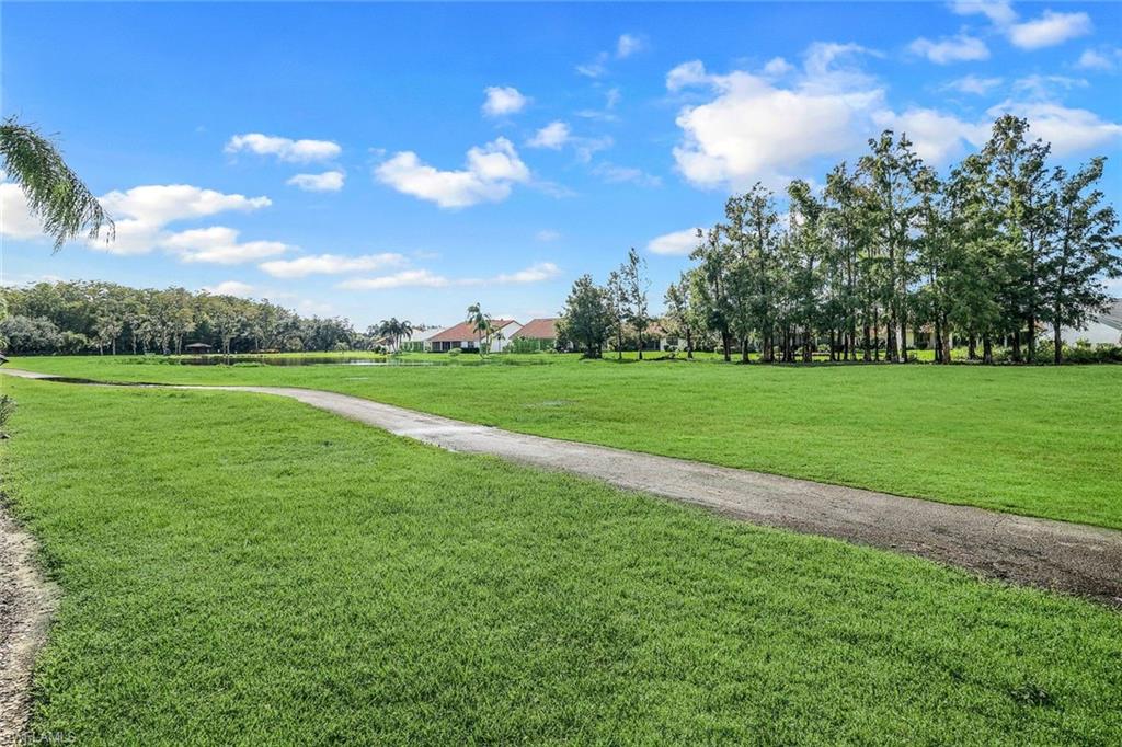Expansive green space featuring a paved pathway, mature trees, and distant residential structures