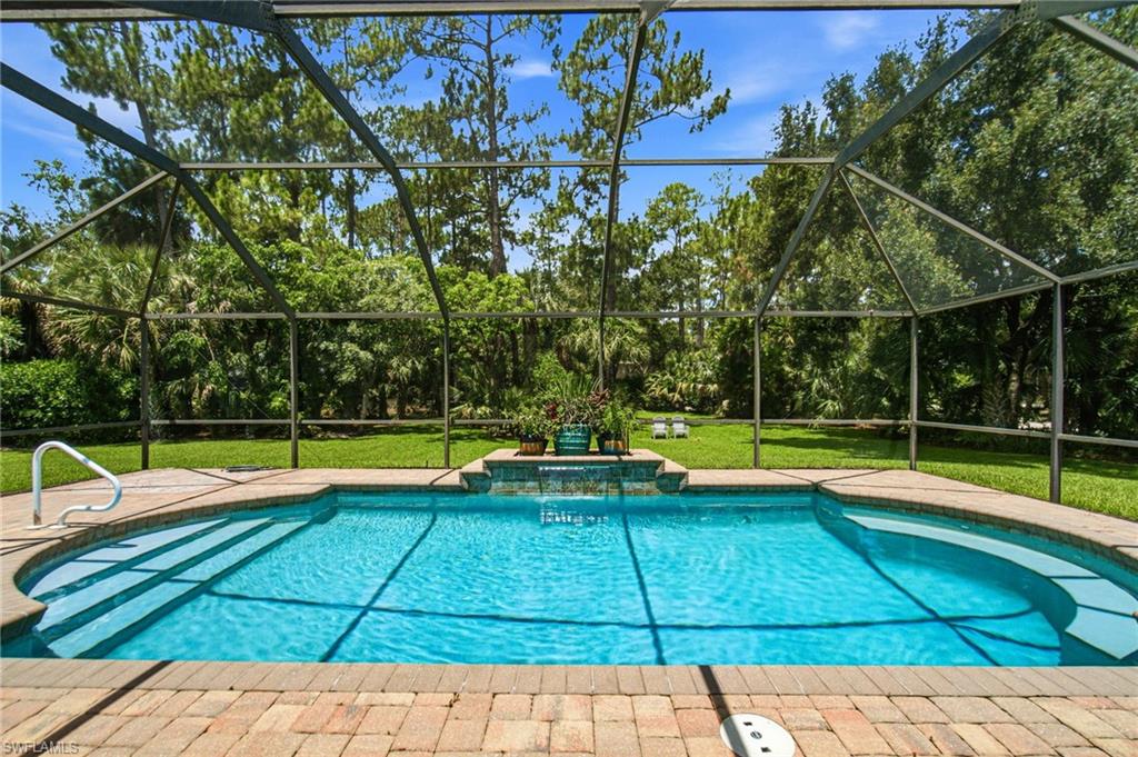 Screened-in pool area featuring a brick paver surround, integrated water feature, and a curved entry with steps