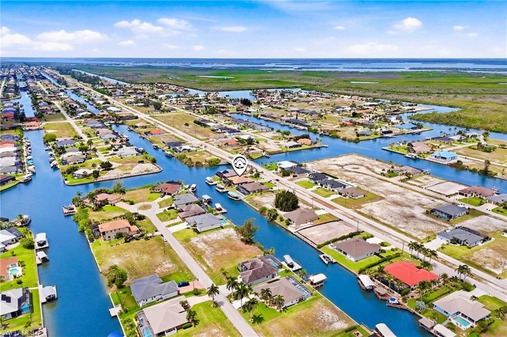 Aerial perspective showcasing a canal-front community