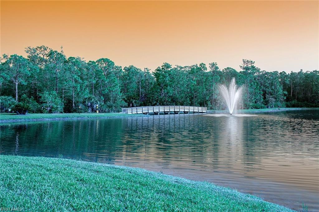 Lakeside property featuring a tranquil water fountain, a wood-finish pedestrian bridge, and a densely wooded perimeter