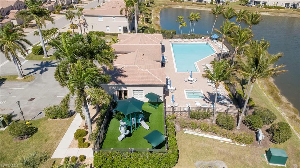 Bird's eye view of a pool and a large body of water