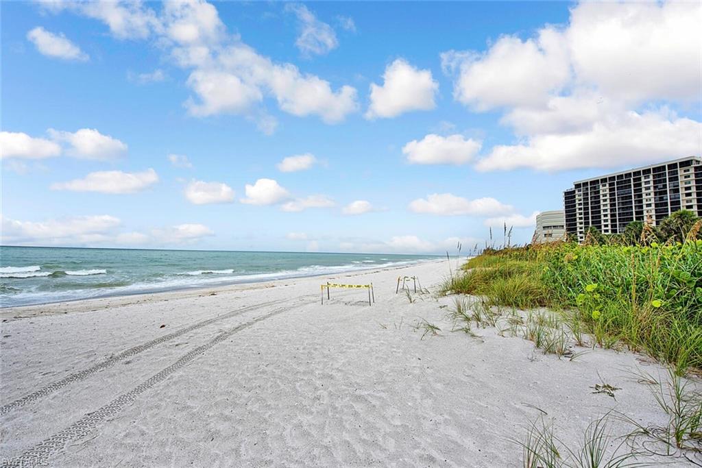 Expansive beachfront featuring white sand, ocean waters, and a barrier of natural dune grasses